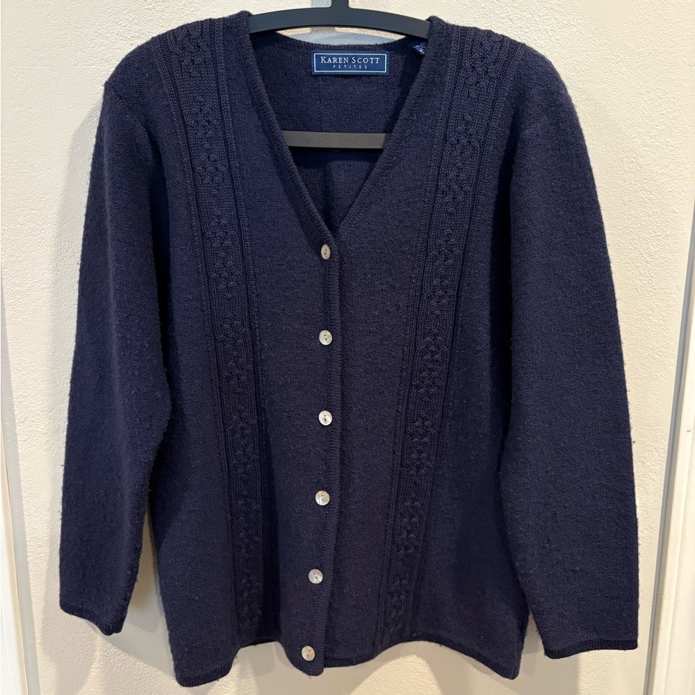 Karen Scott Australian Wool Waist Length Navy Blue Cardigan Women’s Size Pet L